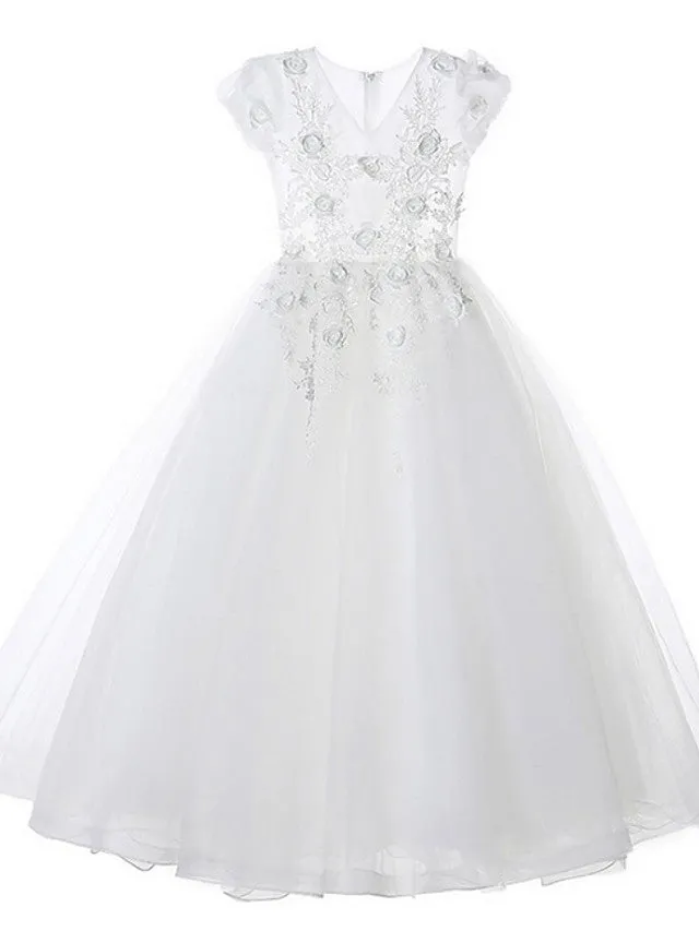 Ball Gown Tulle Short Sleeve V Neck Wedding Party Flower Girl Dresses