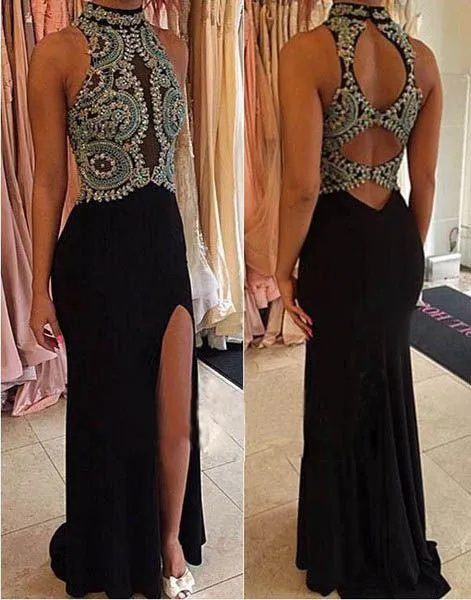 beaded prom dress, long prom dress, black prom dress, side slit prom dress, open back evening dress, BD514