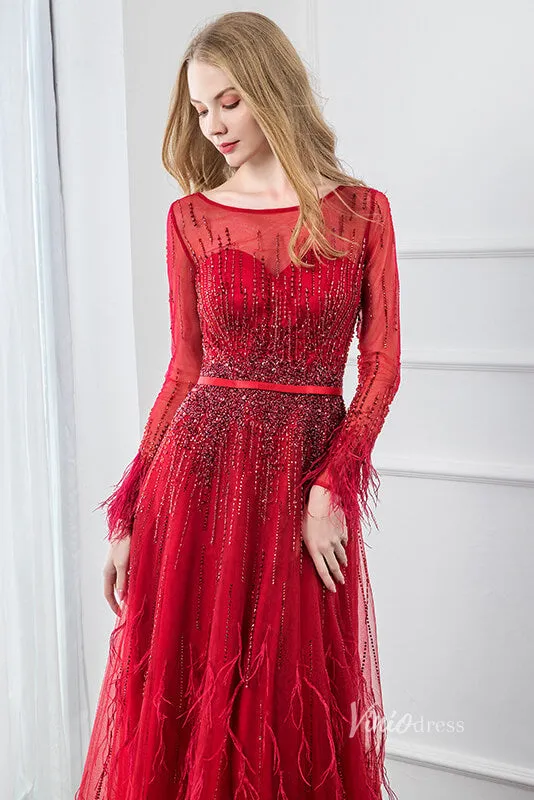 Beaded Red Feather A-line Prom Dresses Long Sleeve Evening Dress FD2809