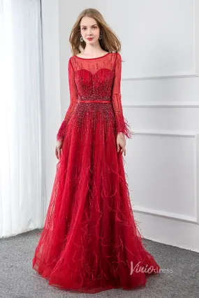 Beaded Red Feather A-line Prom Dresses Long Sleeve Evening Dress FD2809