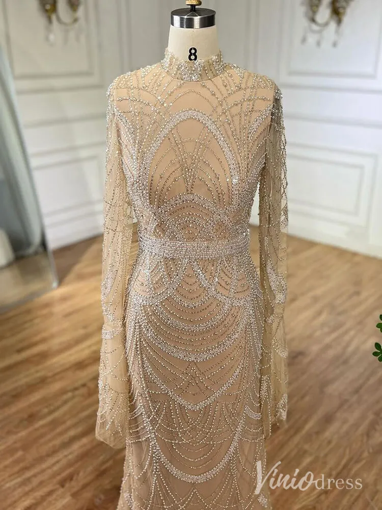 Beaded Sheath Long Sleeve Prom Dresses High Neck Pageant Dress AD1256