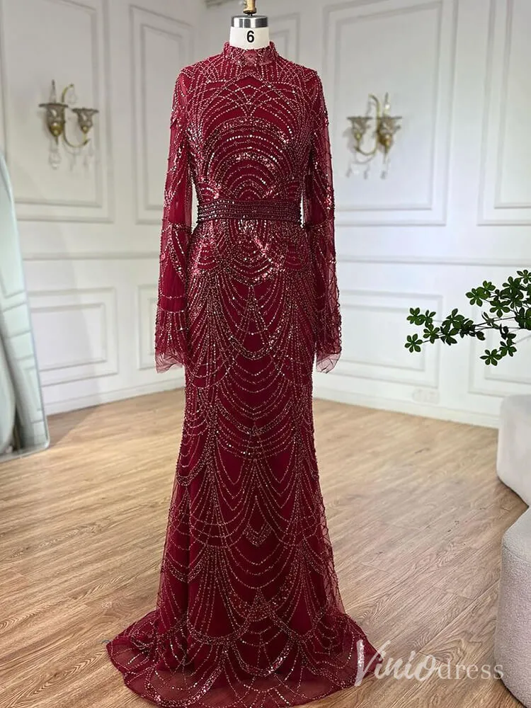 Beaded Sheath Long Sleeve Prom Dresses High Neck Pageant Dress AD1256