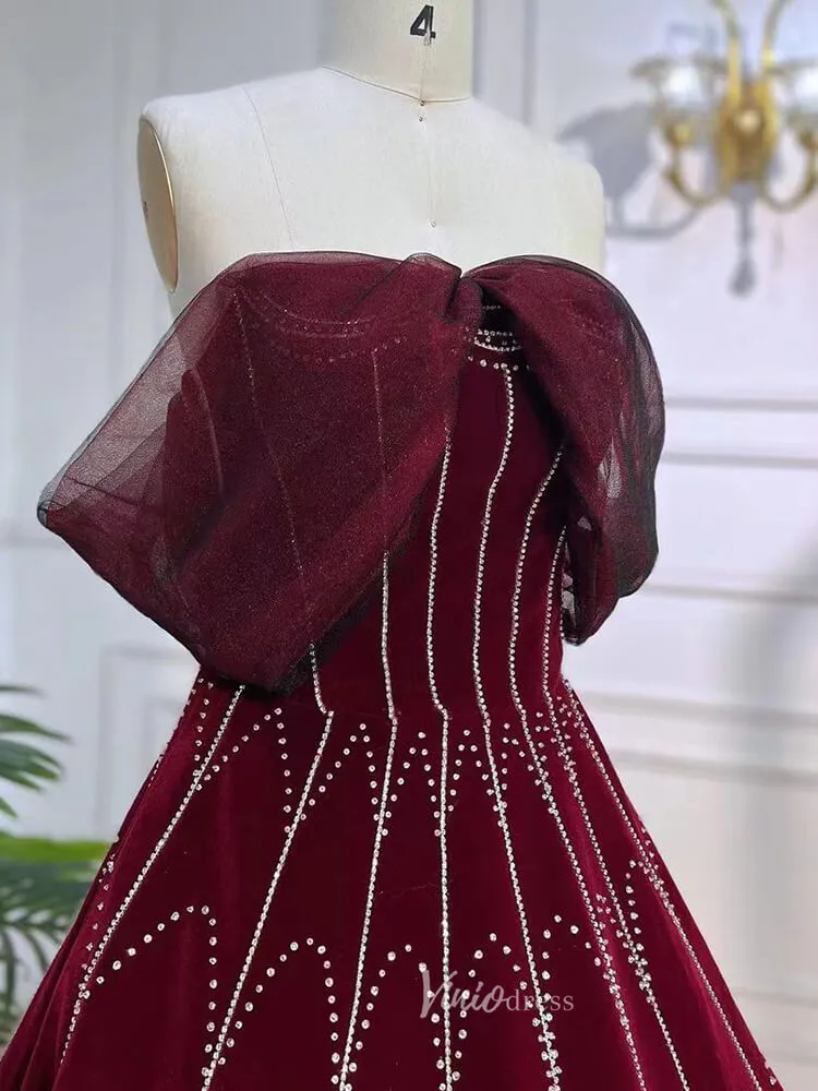 Beaded Strapless Burgundy Velvet Prom Dresses Detachable Sleeve Evening Gown 20043