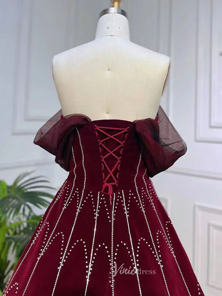 Beaded Strapless Burgundy Velvet Prom Dresses Detachable Sleeve Evening Gown 20043