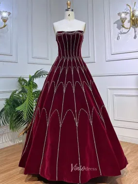 Beaded Strapless Burgundy Velvet Prom Dresses Detachable Sleeve Evening Gown 20043