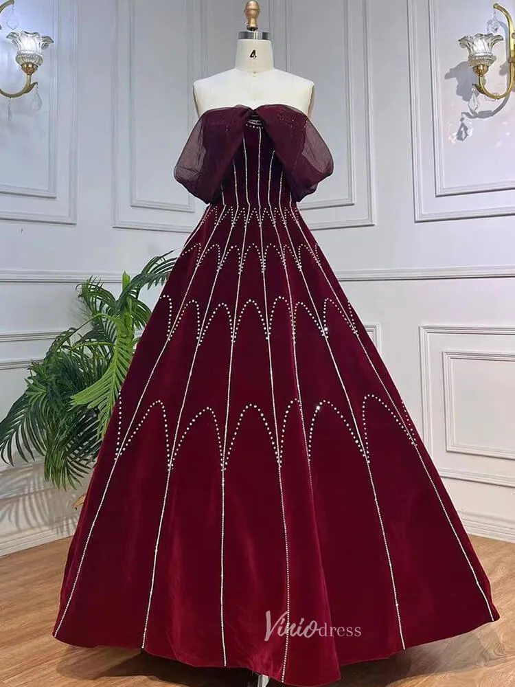 Beaded Strapless Burgundy Velvet Prom Dresses Detachable Sleeve Evening Gown 20043