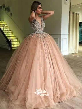 Beaded Top Tulle Elegant V Neck Long Prom Ball Gown Dresses, MD1123