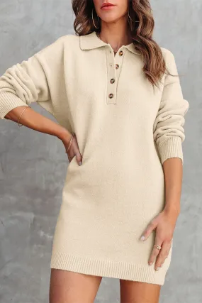 Beige Polo Collar Knitted Mini Sweater Dress