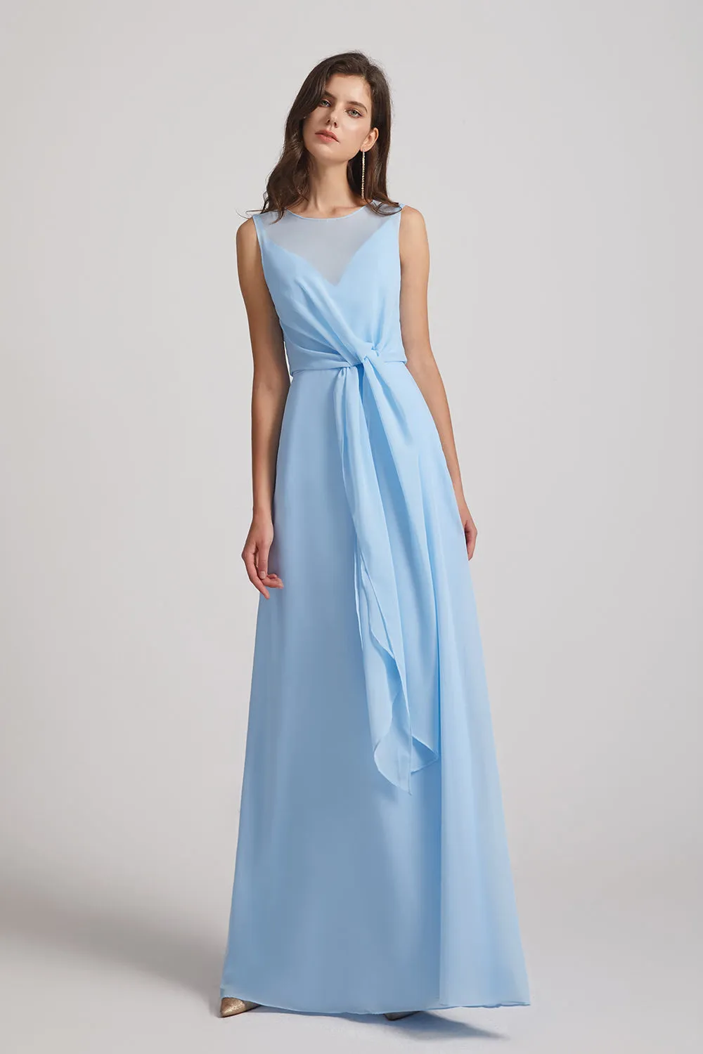 Bias Cut Tie-waist Bridesmaid Dresses with Illusion Boat Neckline and Overlay (AF0085)