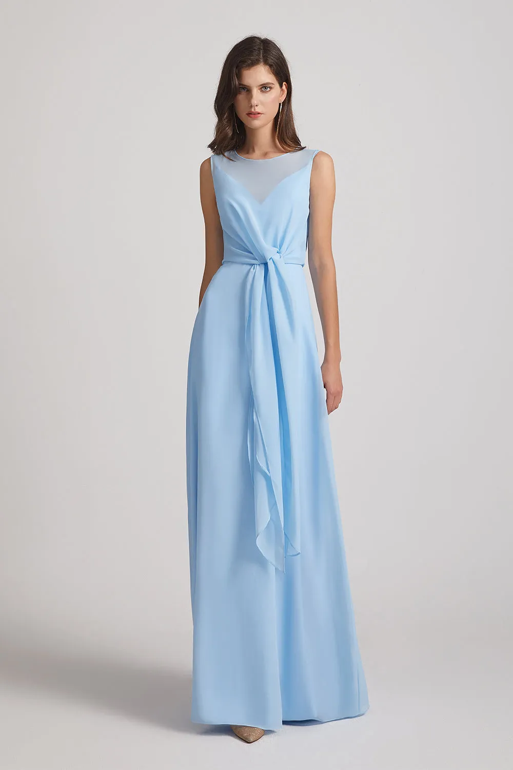 Bias Cut Tie-waist Bridesmaid Dresses with Illusion Boat Neckline and Overlay (AF0085)