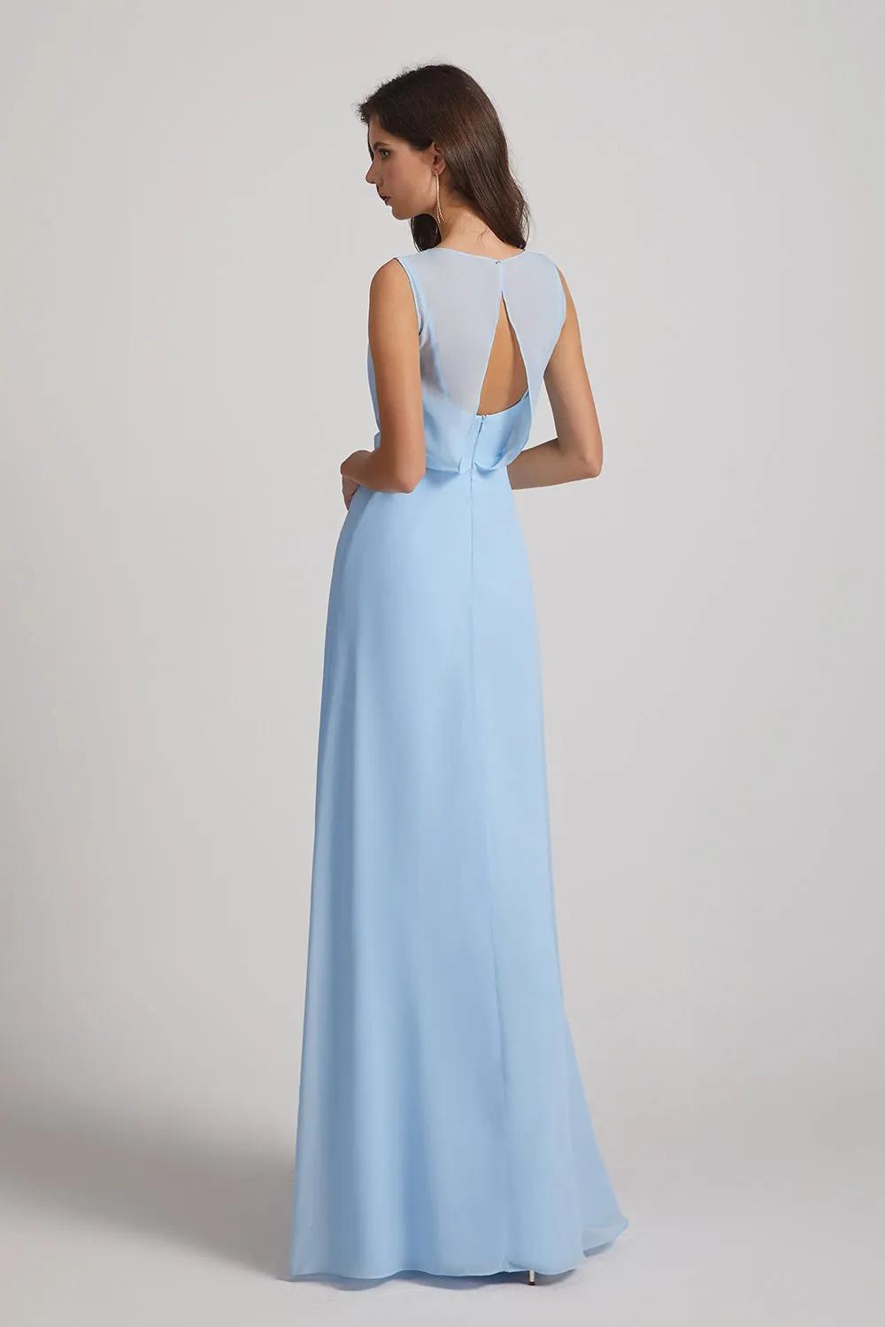 Bias Cut Tie-waist Bridesmaid Dresses with Illusion Boat Neckline and Overlay (AF0085)