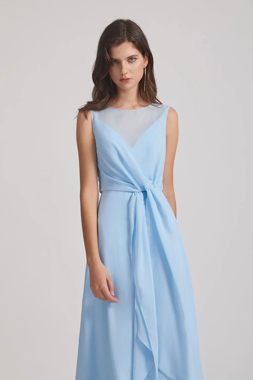 Bias Cut Tie-waist Bridesmaid Dresses with Illusion Boat Neckline and Overlay (AF0085)