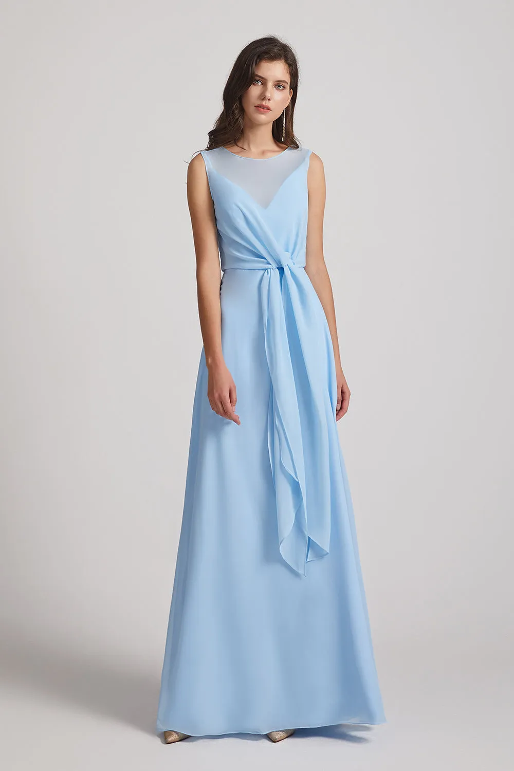 Bias Cut Tie-waist Bridesmaid Dresses with Illusion Boat Neckline and Overlay (AF0085)