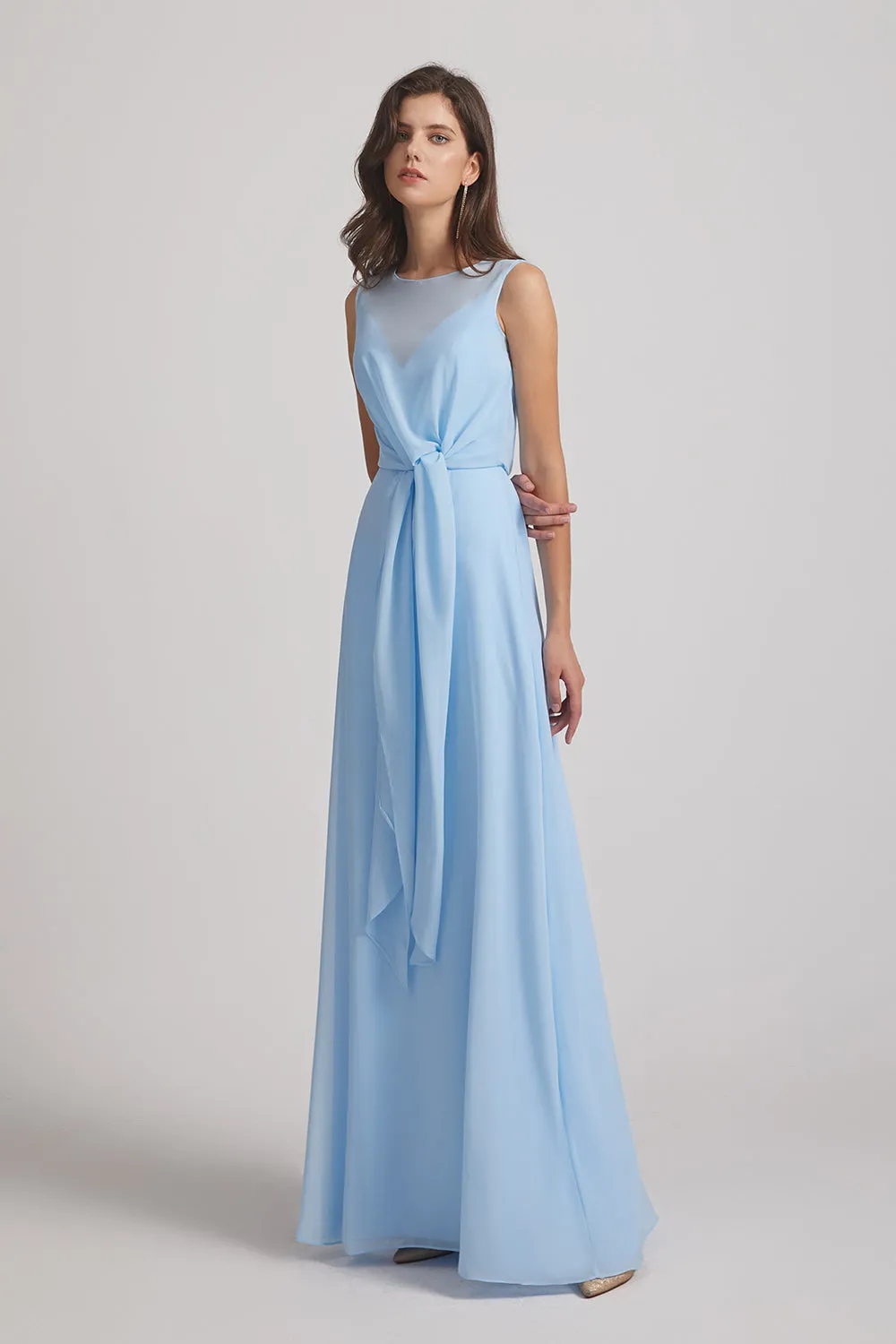 Bias Cut Tie-waist Bridesmaid Dresses with Illusion Boat Neckline and Overlay (AF0085)