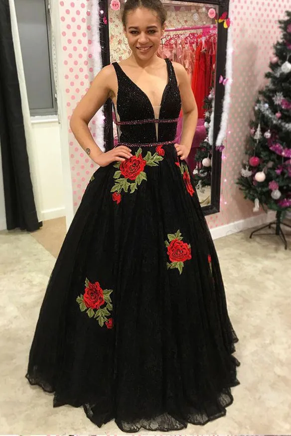 Black A-Line Plunge V-Neck Backless Lace Rose Floral Appliques Prom Dresses