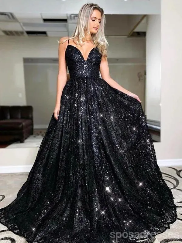 Black A-line Spaghetti Straps V-neck Backless Long Party Prom Dresses Online,12564