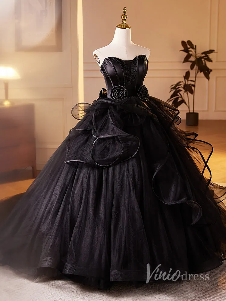 Black Ruffled 3D Flower Rosette Prom Dresses Strapless Tulle Quinceanera Dress 90028