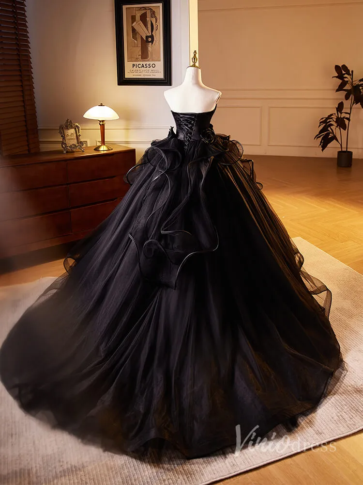 Black Ruffled 3D Flower Rosette Prom Dresses Strapless Tulle Quinceanera Dress 90028