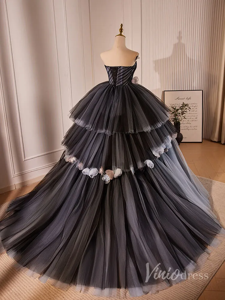 Black Tiered Pleated 3D Flower Prom Dresses Strapless Ombre Quinceanera Dress 90026