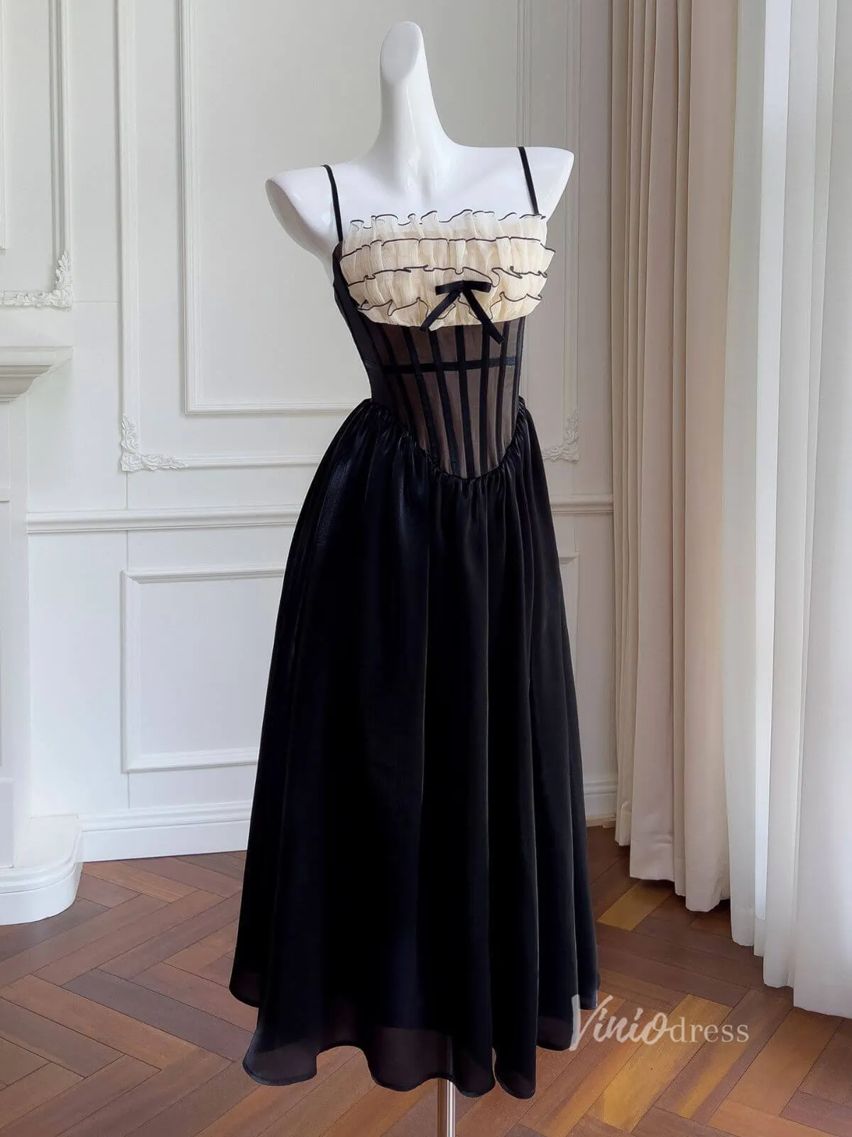 Black Tiered Spaghetti Strap Prom Dresses Boned Bodice Maxi Dress FD4027