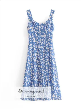 Blue Vintage White Floral Print Midi Dress Wide Cami Strap Dress