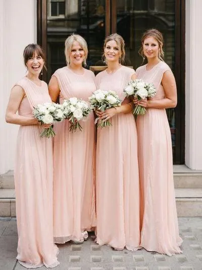 Blush Pink Cap Sleeves Scoop Neck A Line Chiffon Bridesmaid Dresses, TYP0010