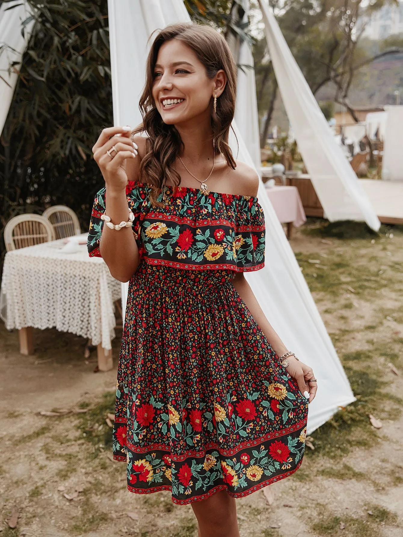 Bohemian Print Off-Shoulder Strapless Knee Length Dress