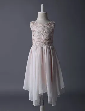 Boho Blush Pink Flower Girl Dress Tea Length Lace Chiffon Kids Party Dresses