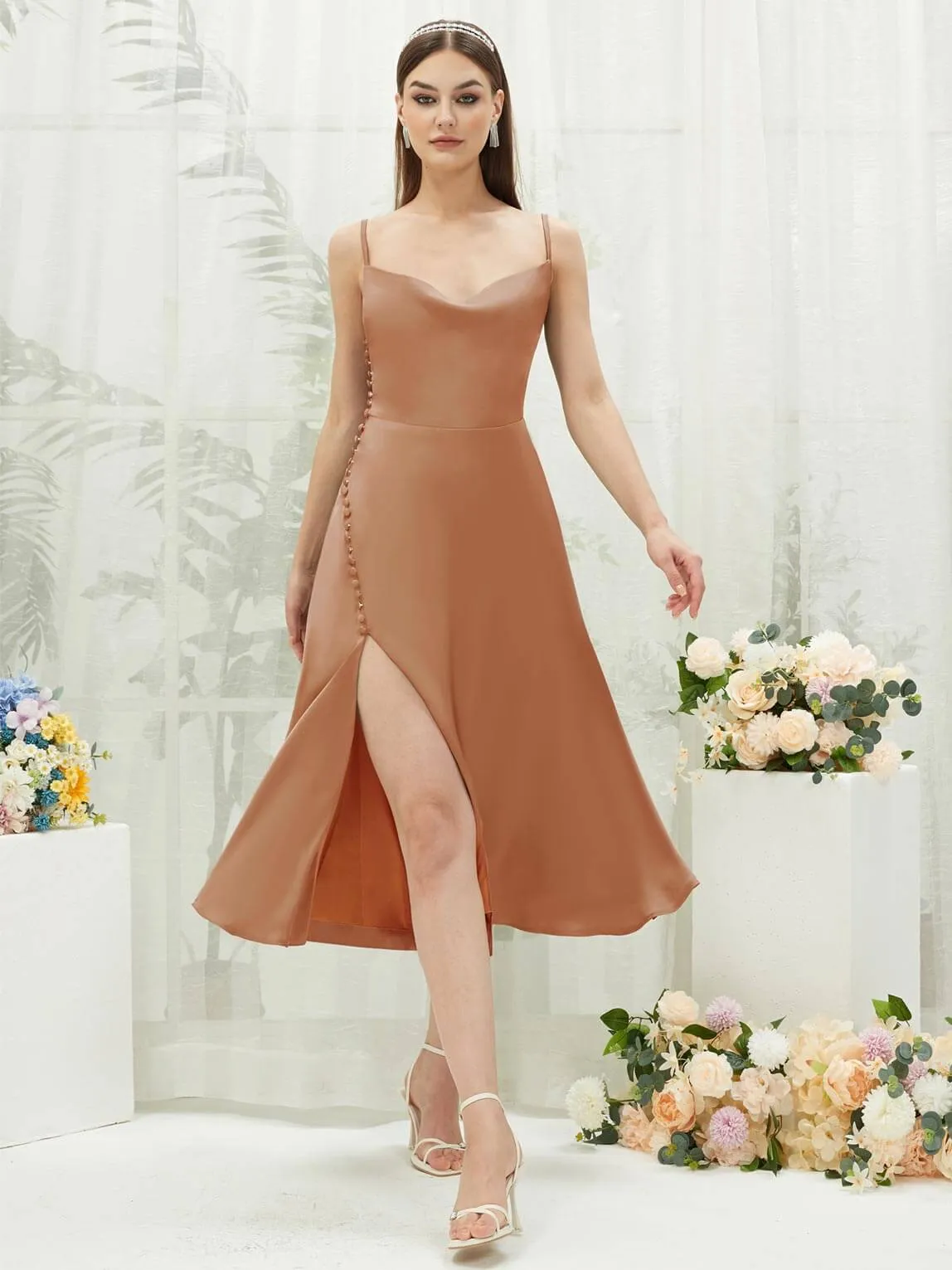 Bronzer Silk Satin Cowl Neck Spaghetti Straps Button Slit Bridesmaid Dresses