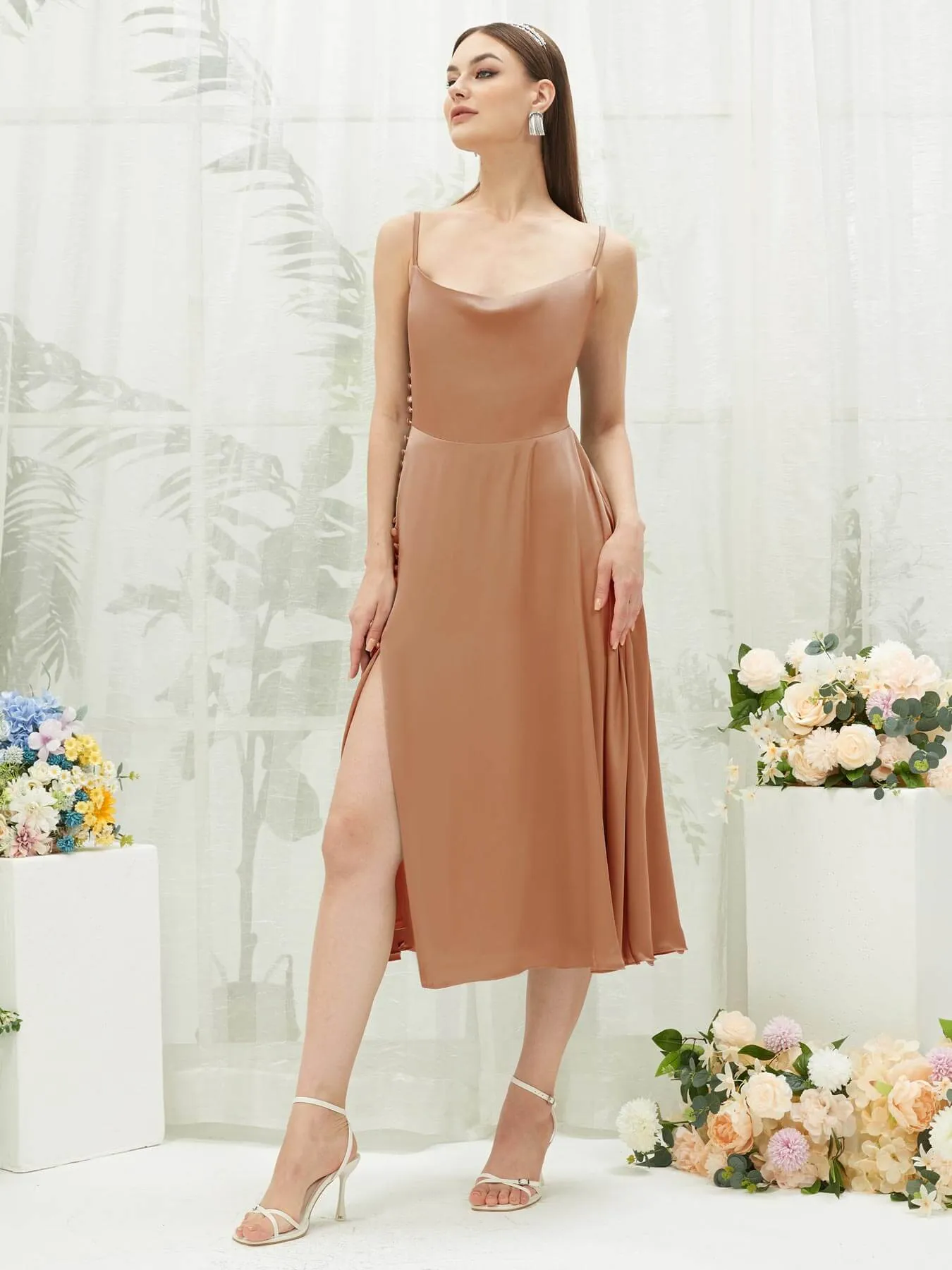 Bronzer Silk Satin Cowl Neck Spaghetti Straps Button Slit Bridesmaid Dresses