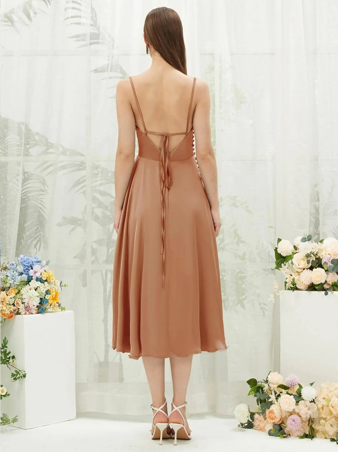 Bronzer Silk Satin Cowl Neck Spaghetti Straps Button Slit Bridesmaid Dresses