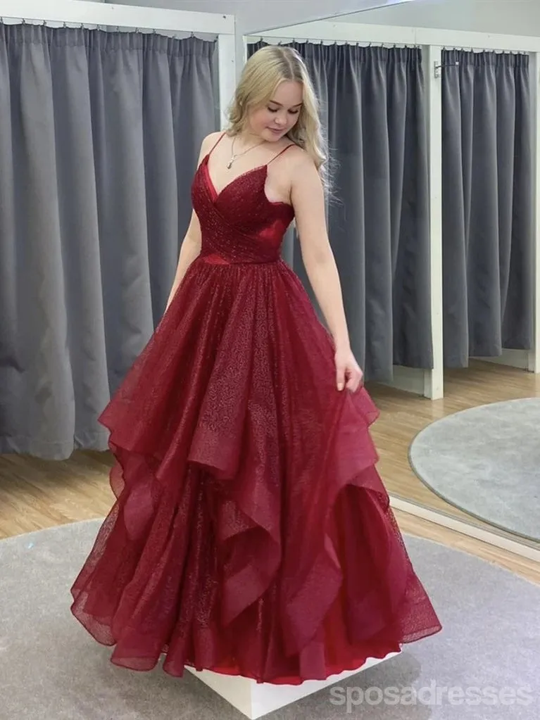 Burgundy A-line Spaghetti Straps V-neck Long Prom Dresses Online,12745