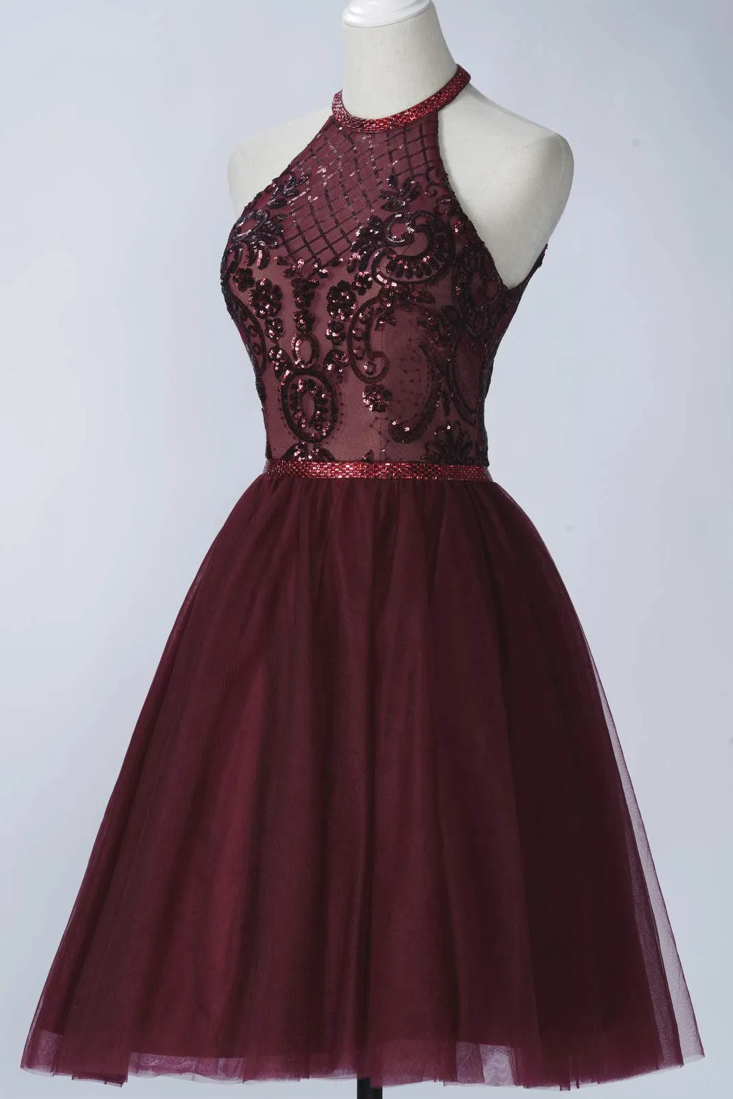 Burgundy Halter Sleeveless A Line Lace Tulle Short Homecoming Dresses