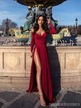 Burgundy Mermaid Long Sleeves V-Neck High Slit Long Prom Dresses Online,12628