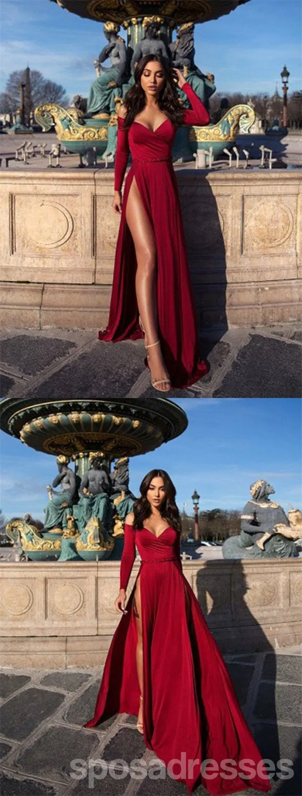 Burgundy Mermaid Long Sleeves V-Neck High Slit Long Prom Dresses Online,12628