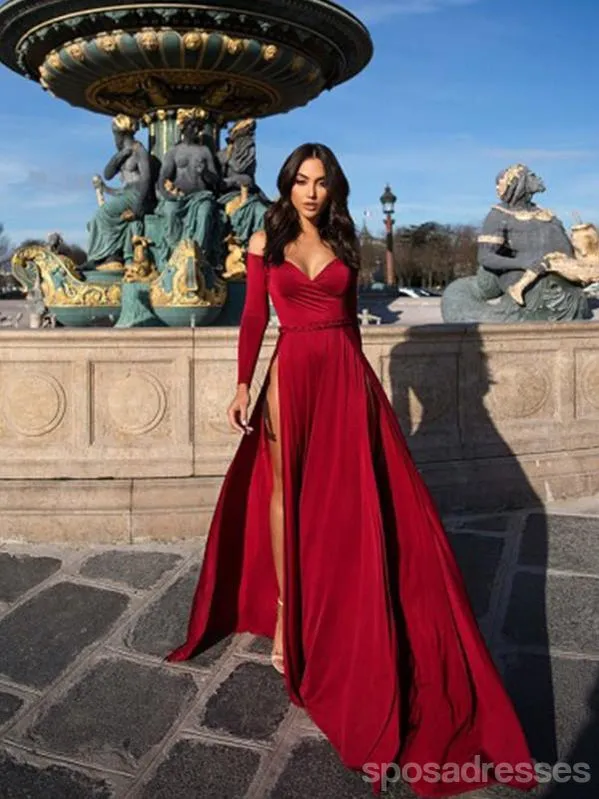 Burgundy Mermaid Long Sleeves V-Neck High Slit Long Prom Dresses Online,12628