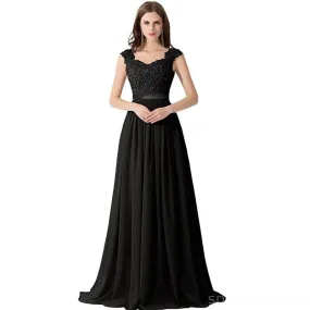 Cap Sleeve Lace Beaded See Through Black Chiffon Long Bridesmaid Dresses, WG286