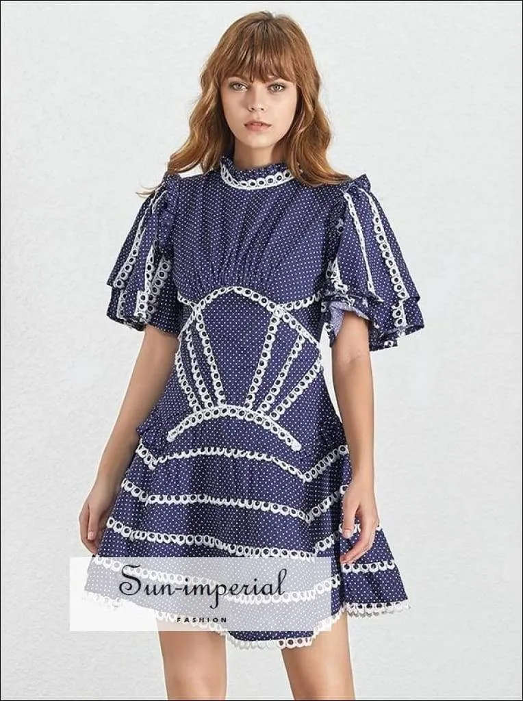 Catalina Dress- Backless Dresses Women Stand Collar Short Sleeve High Waist Patchwork Lace