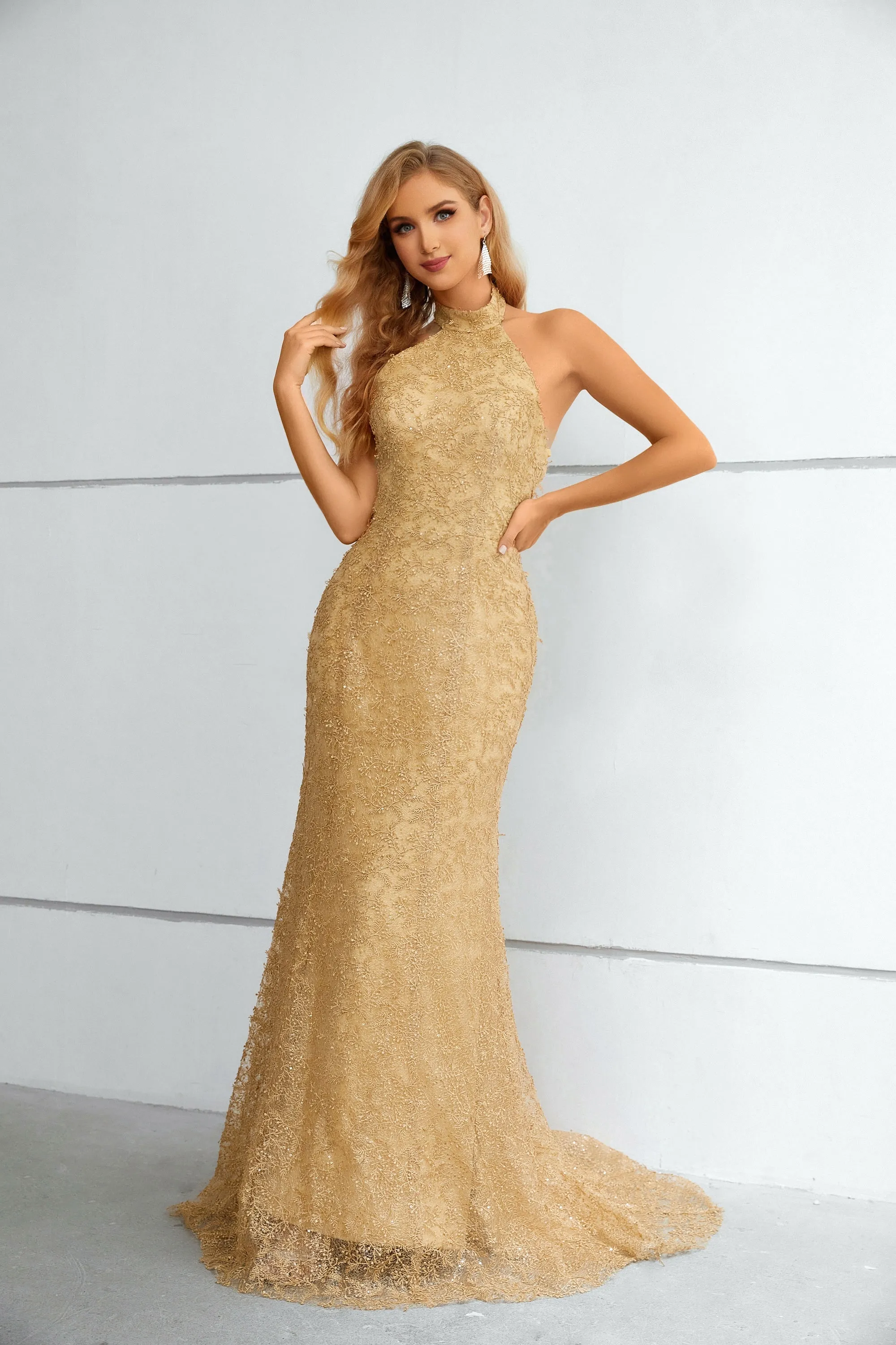 Champagne Halter Sleeveless Lace Mermaid Prom Dresses