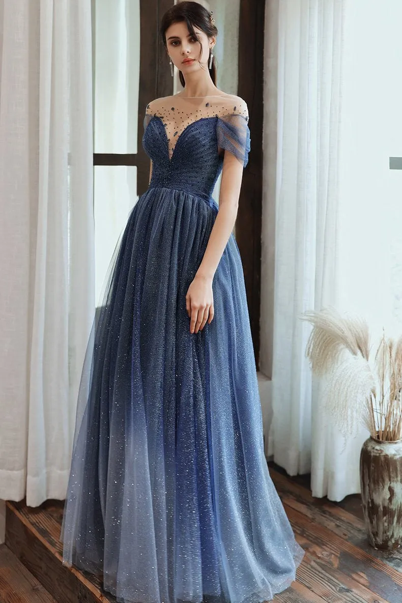 Charming A Line Blue Ombre Tulle Prom Dresses with Open Back, Evening STK20394