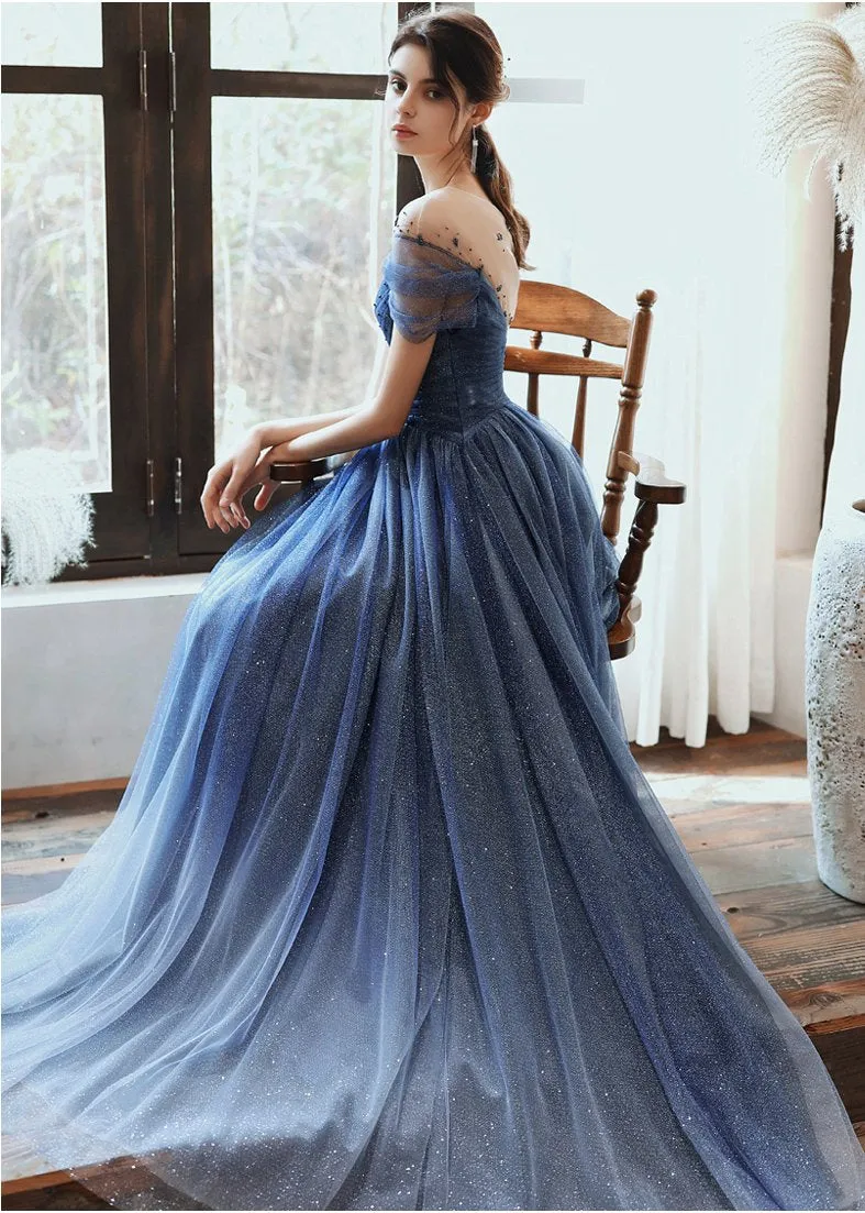 Charming A Line Blue Ombre Tulle Prom Dresses with Open Back, Evening STK20394