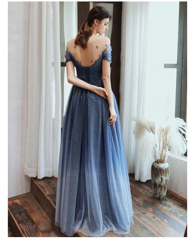 Charming A Line Blue Ombre Tulle Prom Dresses with Open Back, Evening STK20394