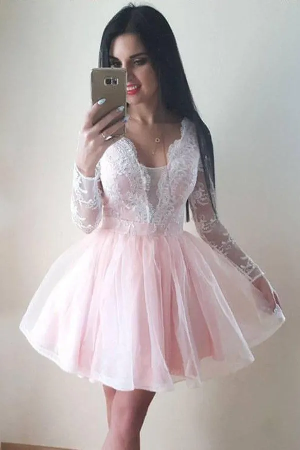 Chic V Neck Long Sleeve With Lace Appliques Homecoming Dresses