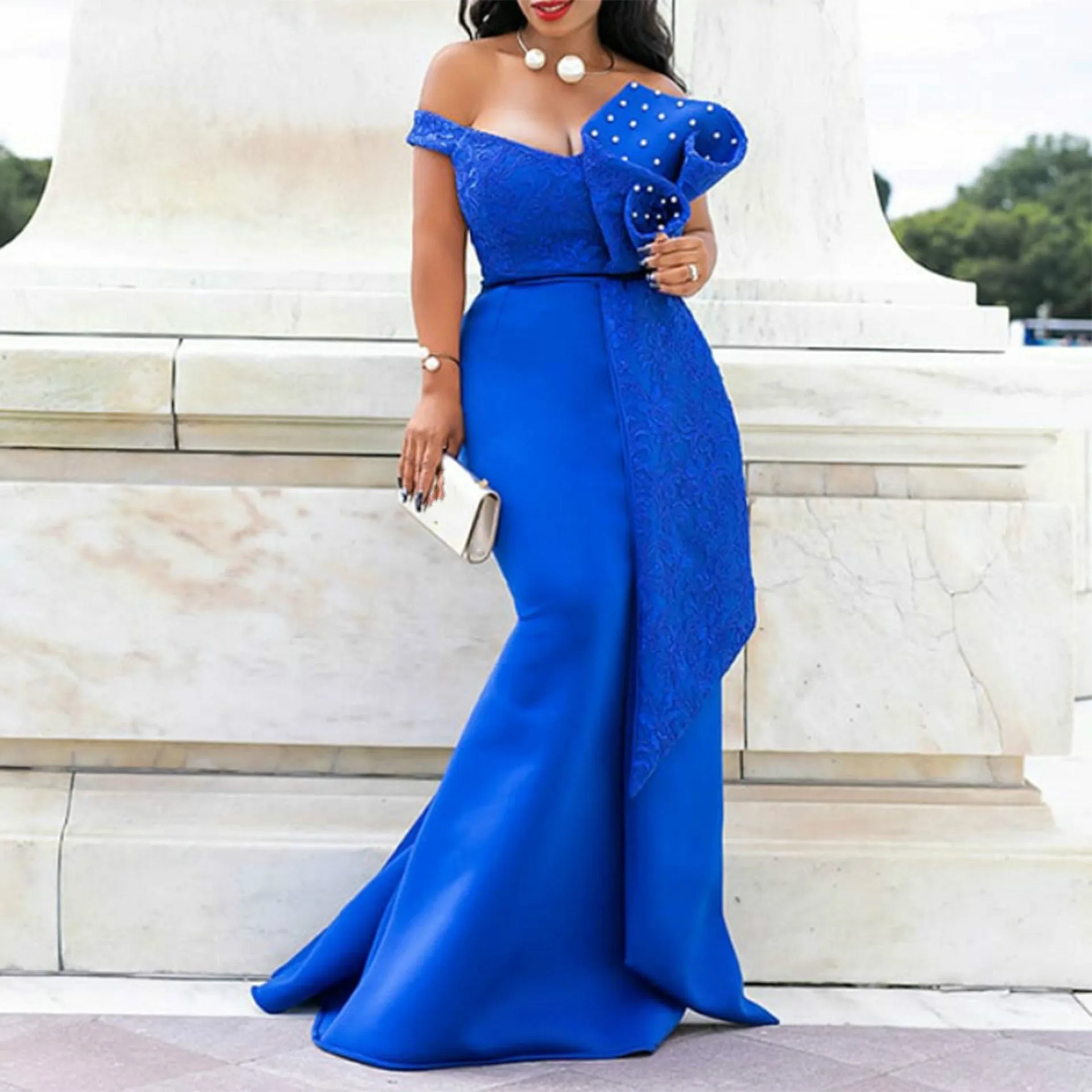 Christmas Dresses for Women Plus Size Blue Sexy Evening Floor Length Off The Shoulder Beading Sleeveless