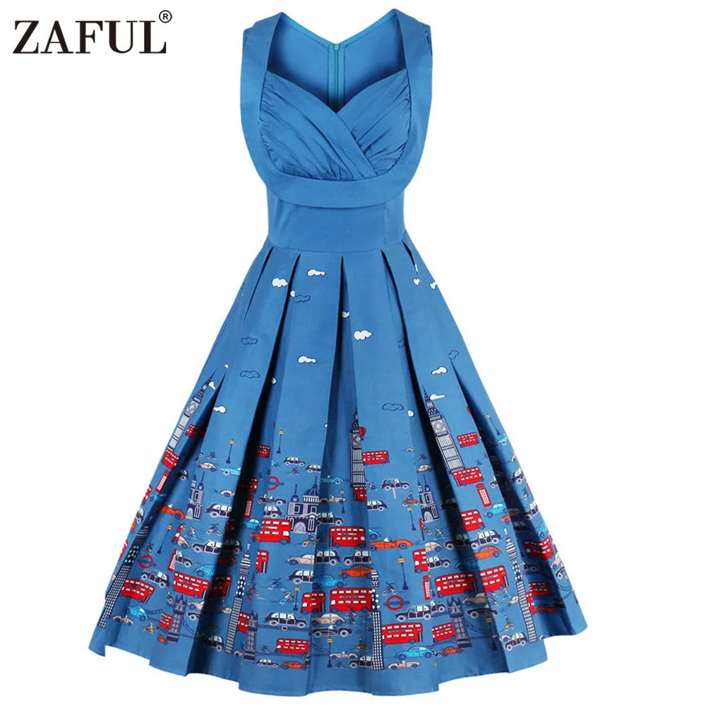 Christmas Print women vintage dresses floral print A-line party dress