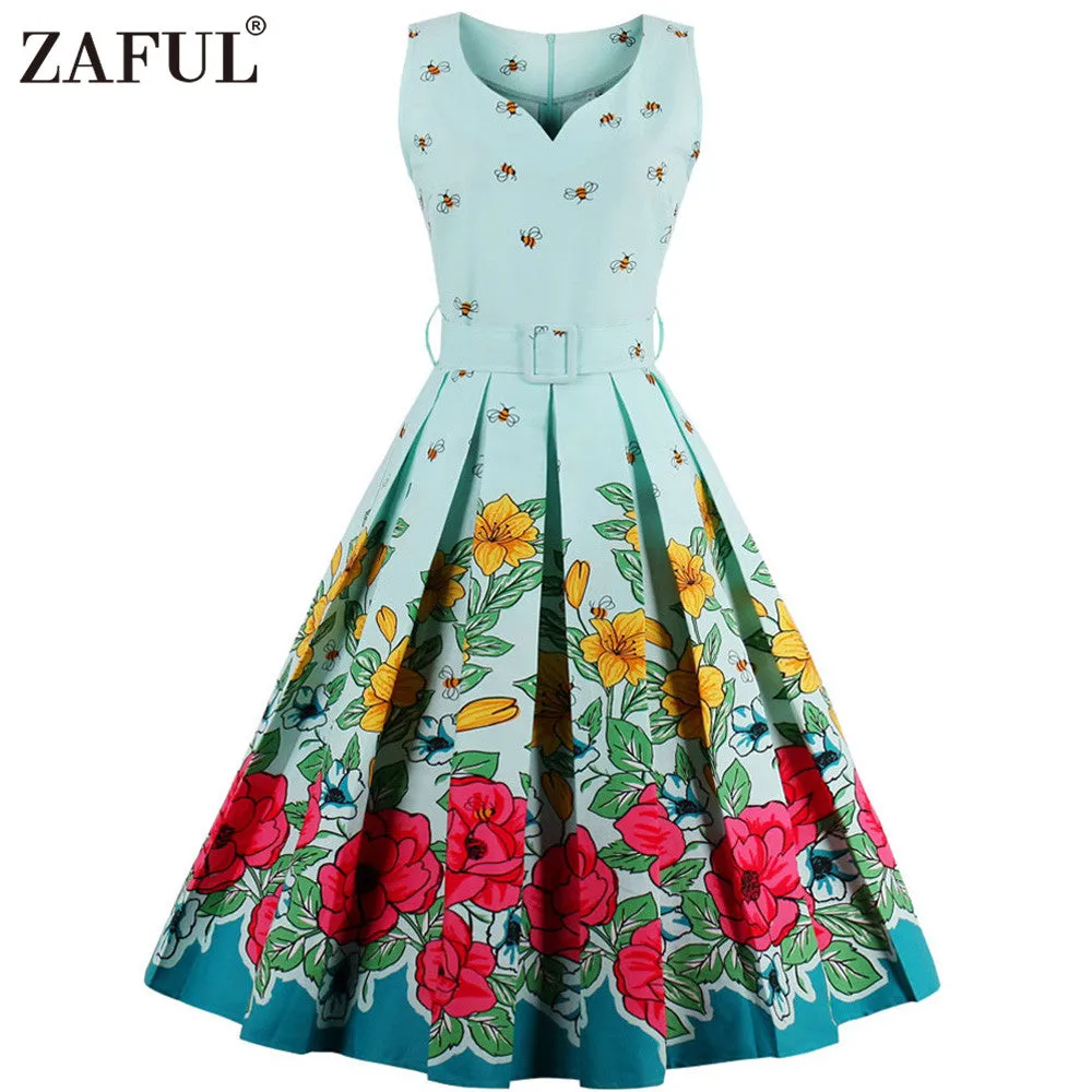 Christmas Print women vintage dresses floral print A-line party dress