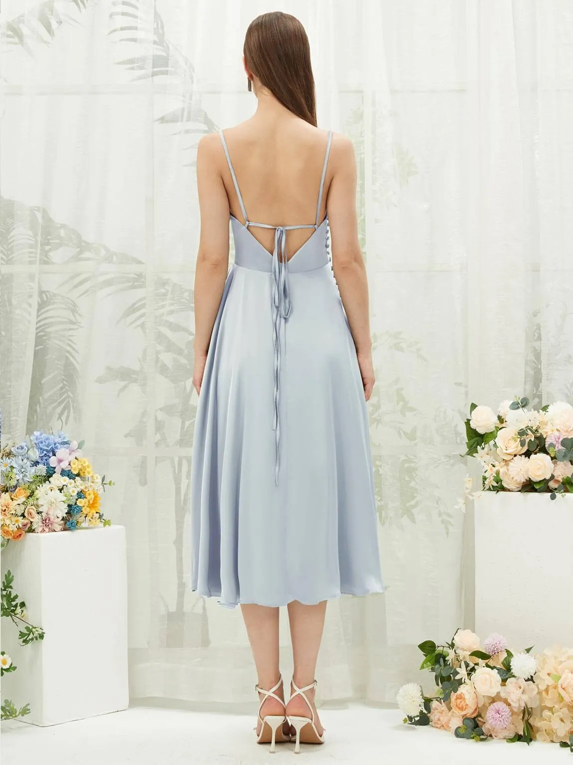 Cornflower Blue Silk Satin Cowl Neck Spaghetti Straps Button Slit Bridesmaid Dresses