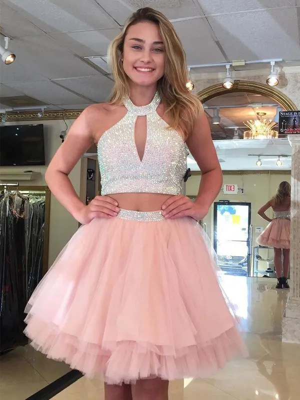 Cute Halter Two Piece Beaded Short Pink Homecoming Dresses 2018, BDY0175