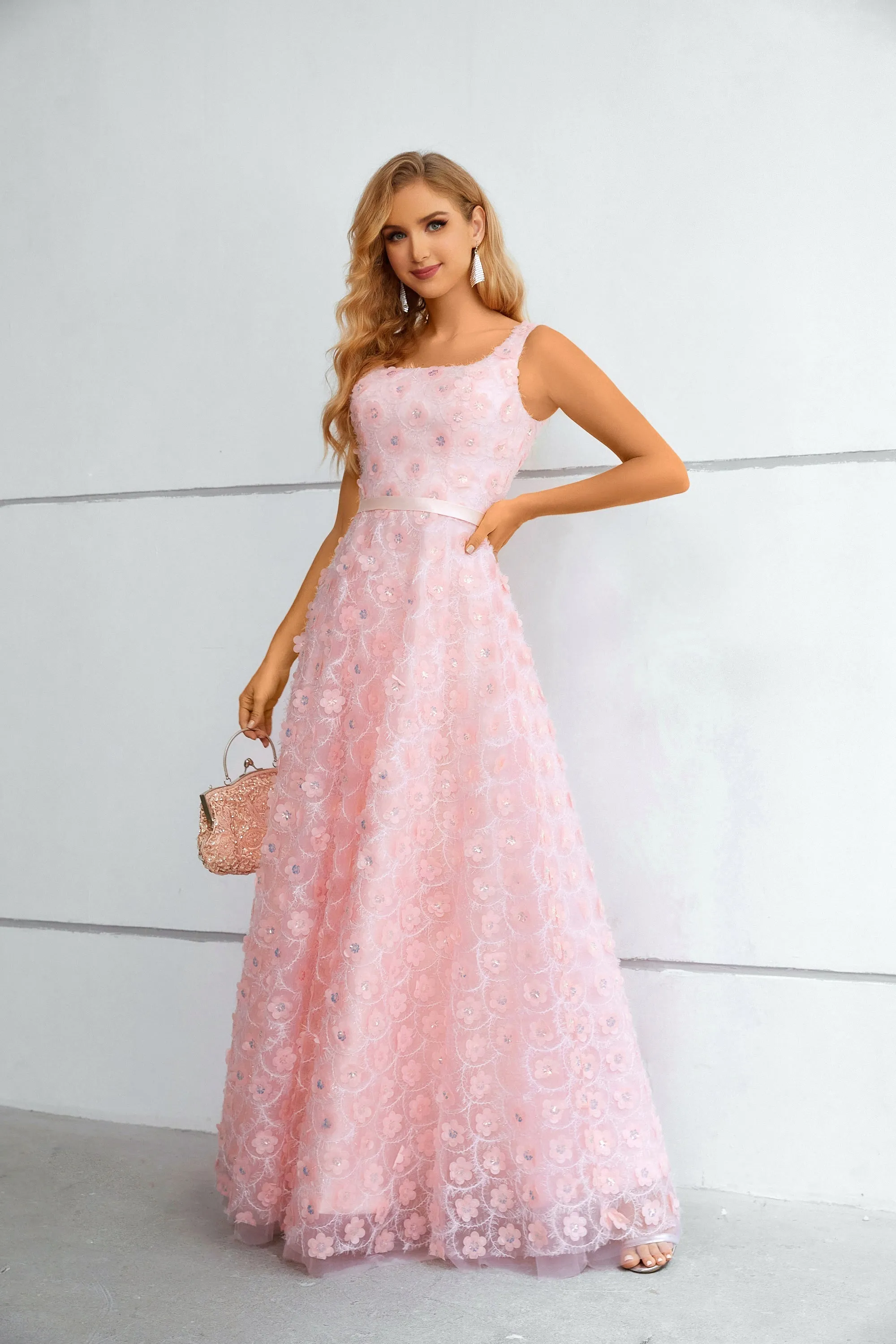 Cute Pink Lace A Line Floor Length Lace Up Prom Dresses