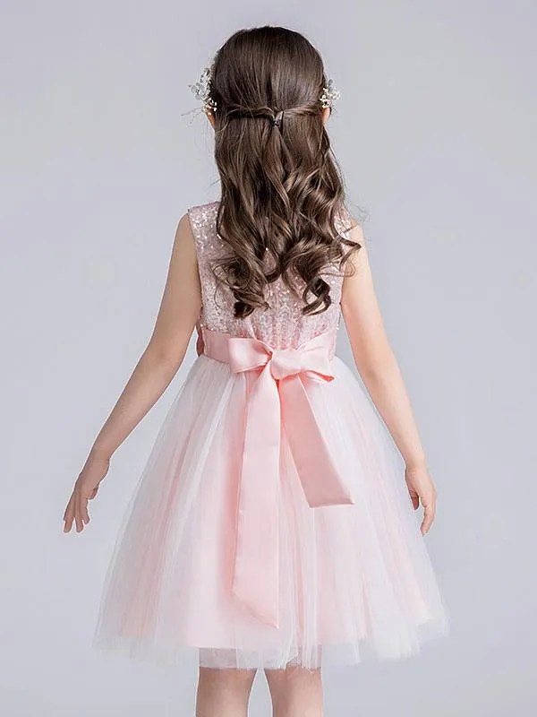 Cute Sky Blue Sleeveless Sequins Tulle Flower Girl Dresses Short Princess Dress with Bow for Kids